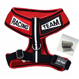 Red Racing Team Ultra Mesh Choke-Free Halter Harness Travel Set-Dog Sizes XXS Thru 3XL. (XXL- Chest 27-37”, Neck 19.5”, Red/Black)