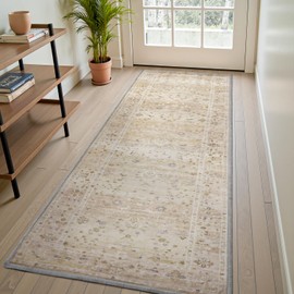 2x6 Runner Rugs for Hallways Washable Area Rugs Low-Pile, Vintage Bathroom Runner Rug Non Slip, Distressed Ultra-Thin Indoor Carpet Bedside Rug, Beige
