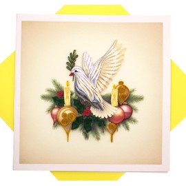 Christmas Dove and Candle, Quilling Card 3D - Unique Dedicated Handmade, Design Greeting Card for Birthday, Valentine's Day, Mothers Day, Spring, Fathers Day, Graduation, Wedding, Anniversary, Thank You, Get Well, All Occasion | 6" x 6"