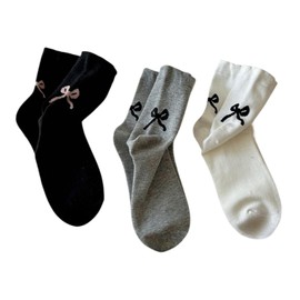 Weuiean HHJW-431 Women's Socks, 3 Colors, 3 Pairs Set, Bow Ribbon, Short, Crew Socks, High Socks, Cute, Bowknot Ribbon Pattern, 3 color