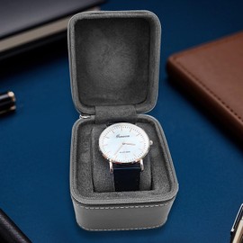 ShineLexiQ Single Watch Travel Case with Accessory Compartment - Compact PU Leather Protective Box, Microsuede Interior, Fits Watches & Smartwatches Up to 55mm, Gray