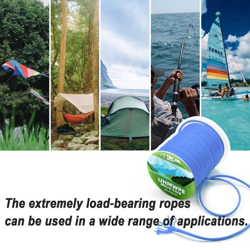 9KM DWLIFE 100% UHMWPE Braided Cord, 1.0mm Blue 100ft 350lb