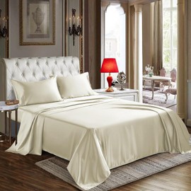 CozyLux Satin Sheets Full Size - 4 Piece Cream Bed Sheet Set with Silky Microfiber, 1 Deep Pocket Fitted Sheet, 1 Flat Sheet, and 2 Pillowcases - Smooth and Soft