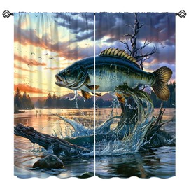 FengMingRui Retro Fishing Curtains Vintage Fish Drawing Forest Lakes Rural Window Treatment for Bedroom Living Room Cafe Kitchen Dining Room Home Decor Window Drapes 42" W X 45" L