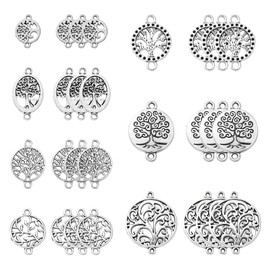 UR URLIFEHALL 70 Pcs 7 Styles Tibetan Style Tree of Life Charms Antique Silver Hollow Flat Round Connector Charms for Jewellery Making