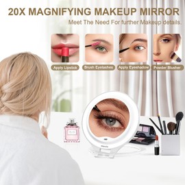 Mocado Travel Makeup Mirror with Light, 1X/20X Magnifying Mirror with Light, Double Sides Travel Mirror with 3 Color Light, Dimmable Touch, 1500mAh Rechargeable Lighted Makeup Mirror(White)