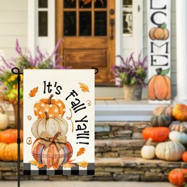 RABUSOFA Fall Polka Dot Pumpkin Garden Flag 12x18 Inch Double Sided Outside,It's Fall Y'all Maple Leaves Welcome Autumn Seasonal Thanksgiving Holiday Buffalo Plaid Yard Outdoor Flag Small