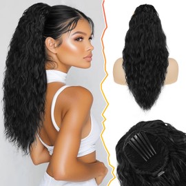 BARSDAR Comb Clip Ponytail Extension, 22 Inch Curly Wavy Black Drawstring Ponytail Extensions for Women Synthetic Comb Clip in Pony Tails Hairpieces Fake Ponytails Daily - Natural Black