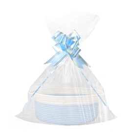Empty Gift Basket, Storage Basket, Braided Basket for Gifts with Gift Bags and Ribbons, Empty Gift Basket for Birthday, Wedding, Baby Shower, Thanksgiving, Christmas (Blue and White)