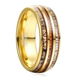 VAKKI 8mm Gold Plated Rings Mens Wedding Ring with Wood and Deer Antler Inlay Dome Style Tungsten Ring Comfort Fit Size T 1/2
