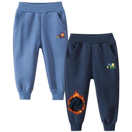 GFQLONG Toddler Boys 2 Pack Fleece Excavator Jogger Sweatpants,Baby Cartoon Winter Warm Pocket Lounging Bottoms,Navy Blue+Light Blue 5-6T