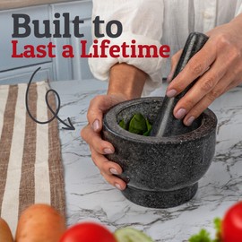 PriorityChef Large Mortar and Pestle Set, 1.5 Cups, 100% Natural Granite Mortar and Pestle Stone Grinder Bowl, Molcajete Bowl, Avocado Masher Guacamole Bowls, Black