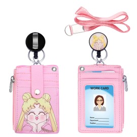 【2025 New】 Cute ID Badge Holder Retractable Lanyard Reel Clip with Heavy Duty Carabiner,5 Card Slots in 2 Sided with Key Ring and Zipper for Students Teens Boys Girls Office Staff Women (Lovely Girl)