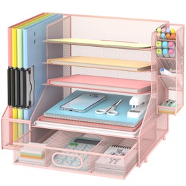 DALTACK Mesh Desk Organizer, 5-Tier Paper Letter Tray with File Holder & Pen Holder & Sliding Drawer, Desktop Organizer and Storage for Desk Accessories Office Supplies, Pink
