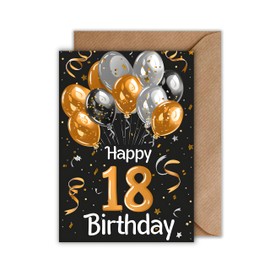 WBdesignz Birthday Card with Envelope - Elegant Birthday Card for 18 Years "Happy Birthday Black Gold Balloons 18th Birthday (A6)