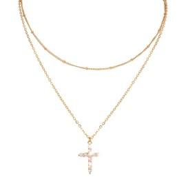 Eigso 2 Pieces Stainless Steel Necklace for Men Rhinestone Cross Necklaces Silver Gold Chain Necklace for Men, Stainless Steel