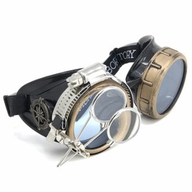 Steampunk Victorian Style Goggles with Compass Design, Neon Blue Lenses & Ocular Loupe