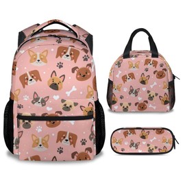 Sharecolor Dog Backpack with Lunch Box, Set of 3 School Backpacks Matching Combo, Cute Pink Bookbag and Pencil Case Bundle