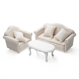 Odoria 1/12 Scale Miniature White Coffee Table and Upholstered Chair Sofa Set Mini Wooden Armchair Striped Khaki Couch Miniatures Dollhouse Furniture Accessories Doll House Accessory