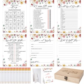 Silipull Bridal Shower Games Set for 50 Guests Includes Bingo, He Said She Said, Scramble, Would She Rather, Advice And Wishes Double Sided Wedding Games with Wooden Box, 20 Pencils(Wildflowers)