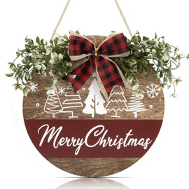 IARTTOP Merry Christmas Wooden Hanging Sign for Front Door Decor Christmas Farmhouse Plaque Sign Wreath Rough Hanging with Bow Knot for Winter Holiday Decoration