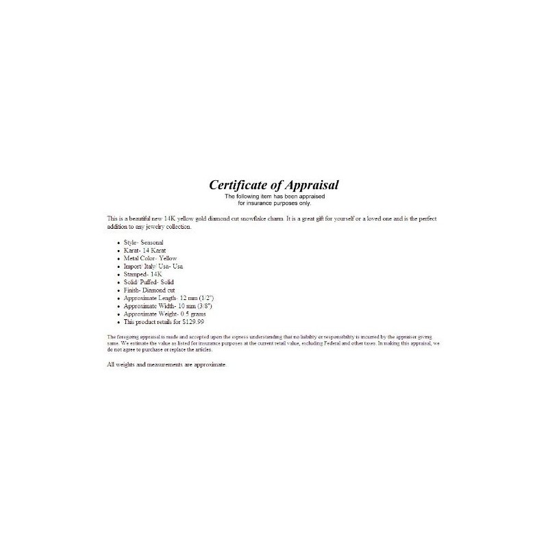 Snowflake Charm 14k Gold 12mm