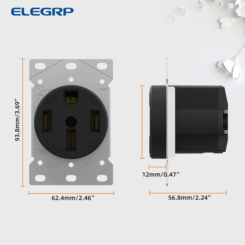 ELEGRP 50 Amps 125/250V Range Oven Stove Receptacle, Flush Mounting