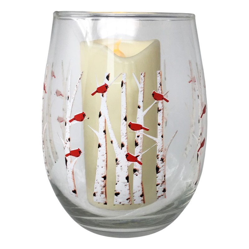 Stemless Wine Glass Candleholder - Cardinal Design with Lighted Candle,