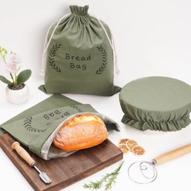 QGHPY Beautiful Linen Bread Bag Set and 12‘’ Large Proofing Coverrise Lids Reusable Linen Bags for Homemade Sourdough Easy to Clean Bread Storage Bags Kitchen Gifts for Baking Lovers