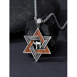 Qyvit Star of David Chai Necklace 925 Sterling Silver Star of David Necklace for Men Wooden Pendant Jewish Chai Jewelry Gifts for Men Women