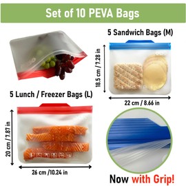 LLM 10 Pack Large Reusable Food Storage Bags (5 Sandwich + 5 Freezer Bags), Extra Thick Bags, Ziplock Eco Friendly, BPA Free, Leakproof, Blue, Red, M, L