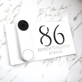 K Smart Sign | Right Text F32 | Bellissima Video Doorbell house sign door number plaques for Nest Ring Wifi doorbell plate mount | Matt White | 300mm x 160mm (Matt White & Black Marble Effect)