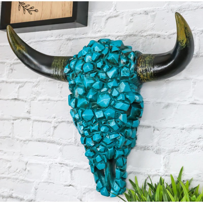 Southwest Steer Bison Bull Cow Skull With Mosaic Turquoise Rocks