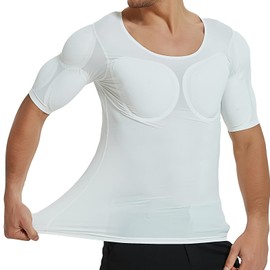 WYGWBD Men's Fake Muscle Shirt for Adult Padded Chest Shoulder Pads Vest for Muscle Invisible Breathable Underwear,White,S