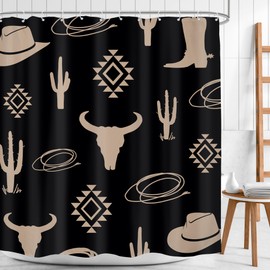 Mitpok Western Aztec Shower Curtain 72Wx72H Black Boho Cow Skull Bohemian Southwestern Bull West Farmhouse Retro Cactus Vintage Wrangler Bathroom Decor Bath Curtain Fabric Polyester 12 Pack Hooks