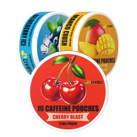 LyvWel 72mg Caffeine Energy Pouches – Cherry Blast, Blueberry Ice, Mango Crush – Clean Energy with Guarana for Focus & Stamina – 3-Pack (48 Total Pouches)
