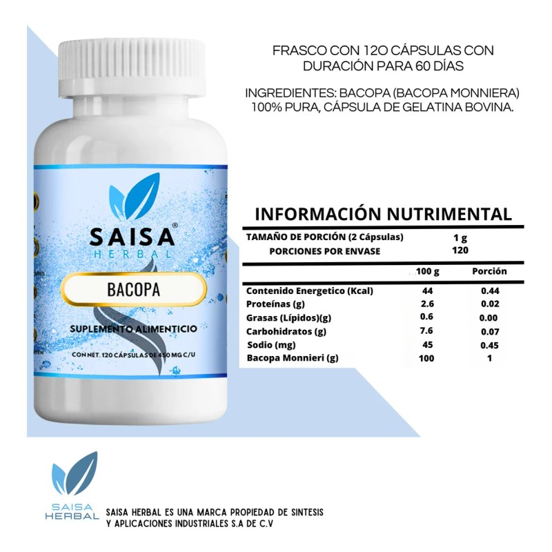 Bacopa Monnieri 450 Mg | 120 Cápsulas | Saisa Herbal
