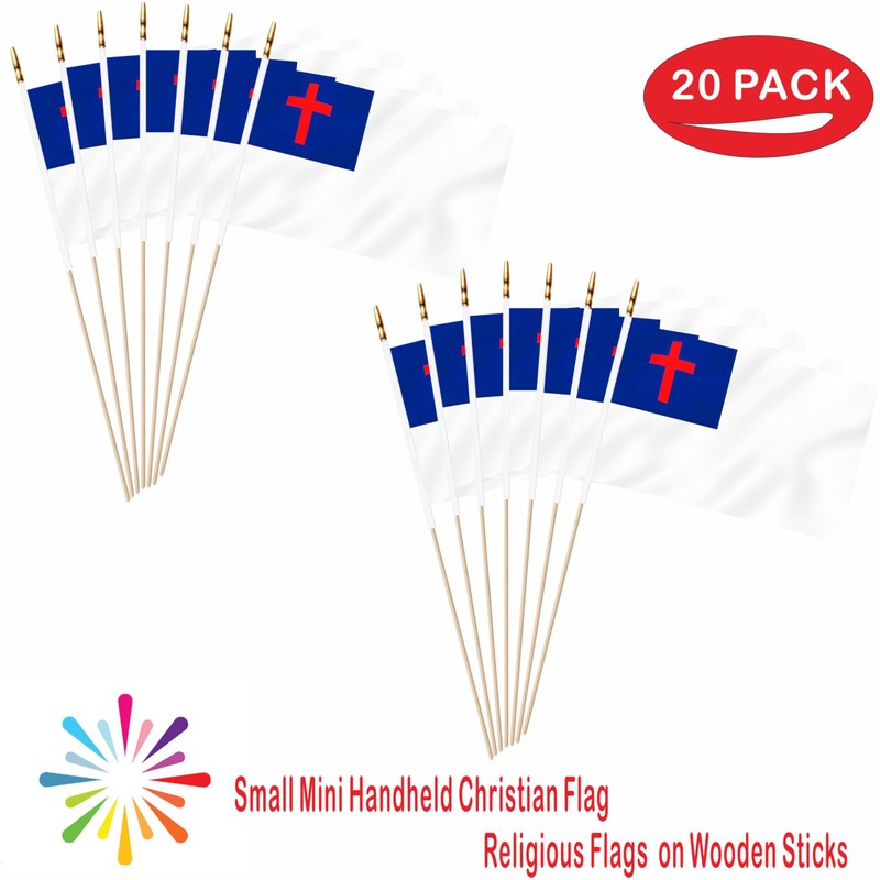 LUSEOAN 20 Pack Small Mini Christian Flag on Wooden Stick