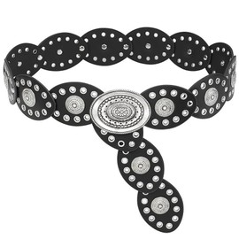 RainFlowwer Disc Boho Western Belt for Women–Stylish Chunky Cowgirl Belt with Metal Buckle,PU Leather,Perfect for Dresses & Jeans (Black)