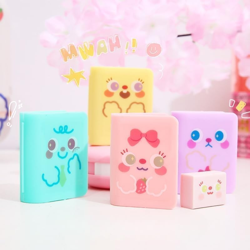 4 Pcs Dual Purpose Book Pencil Sharpener Eraser, Cute Cartoon