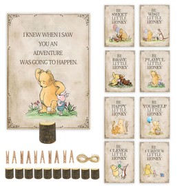 8Pcs Winnie Quotes Party Cards with Wooden Stands, Classic Pooh Double Side Cards Baby Shower Decorations, Winnie Baby Shower Centerpieces, Perfect for Birthday Party Supplies, Nursery Decor Prints