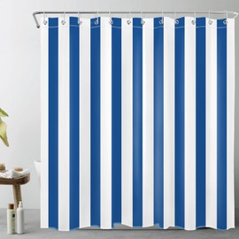 LB Blue and White Striped Fabric Shower Curtain for Bathroom with 12 Hooks, Vertical Stripe Geometric Shower Curtains for Bathroom, Modern Farmhouse Chic Style Bathroom Shower Curtains, 72x72 Inch