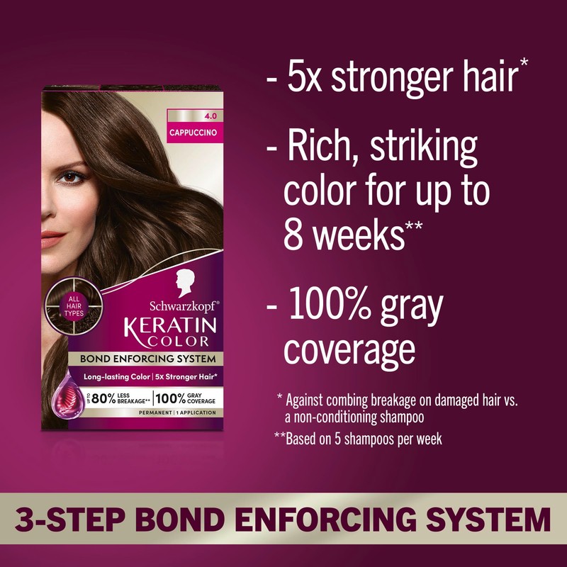 Schwarzkopf Keratin Permanent Hair Dye Cream, 4.0 Cappuccino, Professional Quality