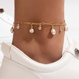 Inateannal Boho Crystal Pearl Ankle Bracelet Gold Figaro Chain Anklet Cubic Zirconia Pearl Charm Ankle Chain Beach Foot Jewelry for Women Teen Girls