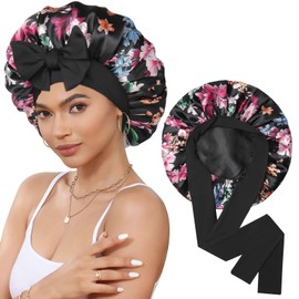 Satin Bonnet Silk Bonnet for Sleeping Silk Sleep Cap Double Layer Hair Bonnet with Elastic Tie Band for Curly Hair Night Cap
