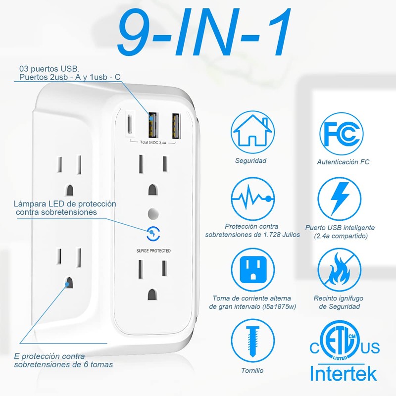 RENDIN Multicontacto,Enchufe de Carga de Tres Lados,Regleta Multicontacto Multifuncional,con USB