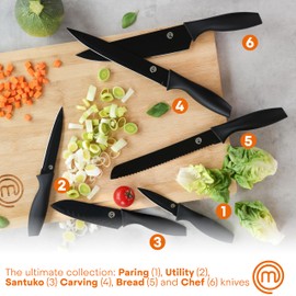 MasterChef Knife Set with Block, 6 Kitchen Knives and a Universal Knife Holder, Extra Sharp Stainless Steel Blades for Precise Cutting with Non Stick Coating & Soft Touch Easy Grip Handles, Black