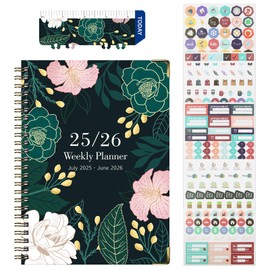 July 2025 - June 2026 Daily Planner Notebook,A5 Weekly Monthly Agenda Planner Academic Plan Schedule Scrapbook Flower Cover Business Appointment Book with Sticker and Tab for Student Office Worker