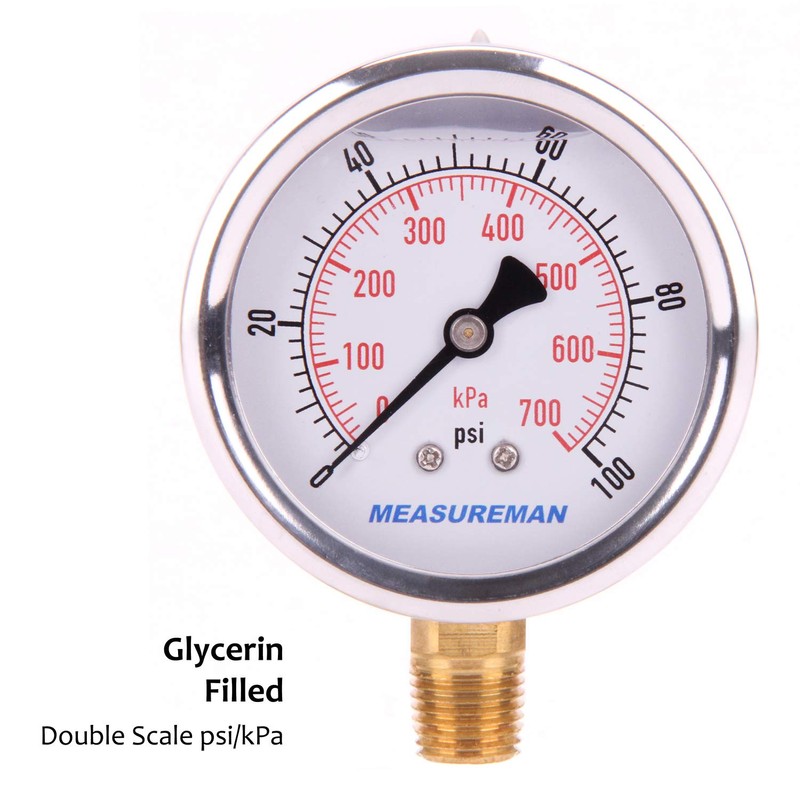MEASUREMAN Pressure Gauge 1/4 NPT, 0-100psi/kPa Glycerin Filled Pressure Gauge