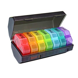 Cozensyson Pill Box 7 Days Morning Noon Evening Sleep 4 Compartments Portable Pill Box 7 Days 4 Compartments 28 Extra Large Compartments for Vitamins (Rainbow & Black)